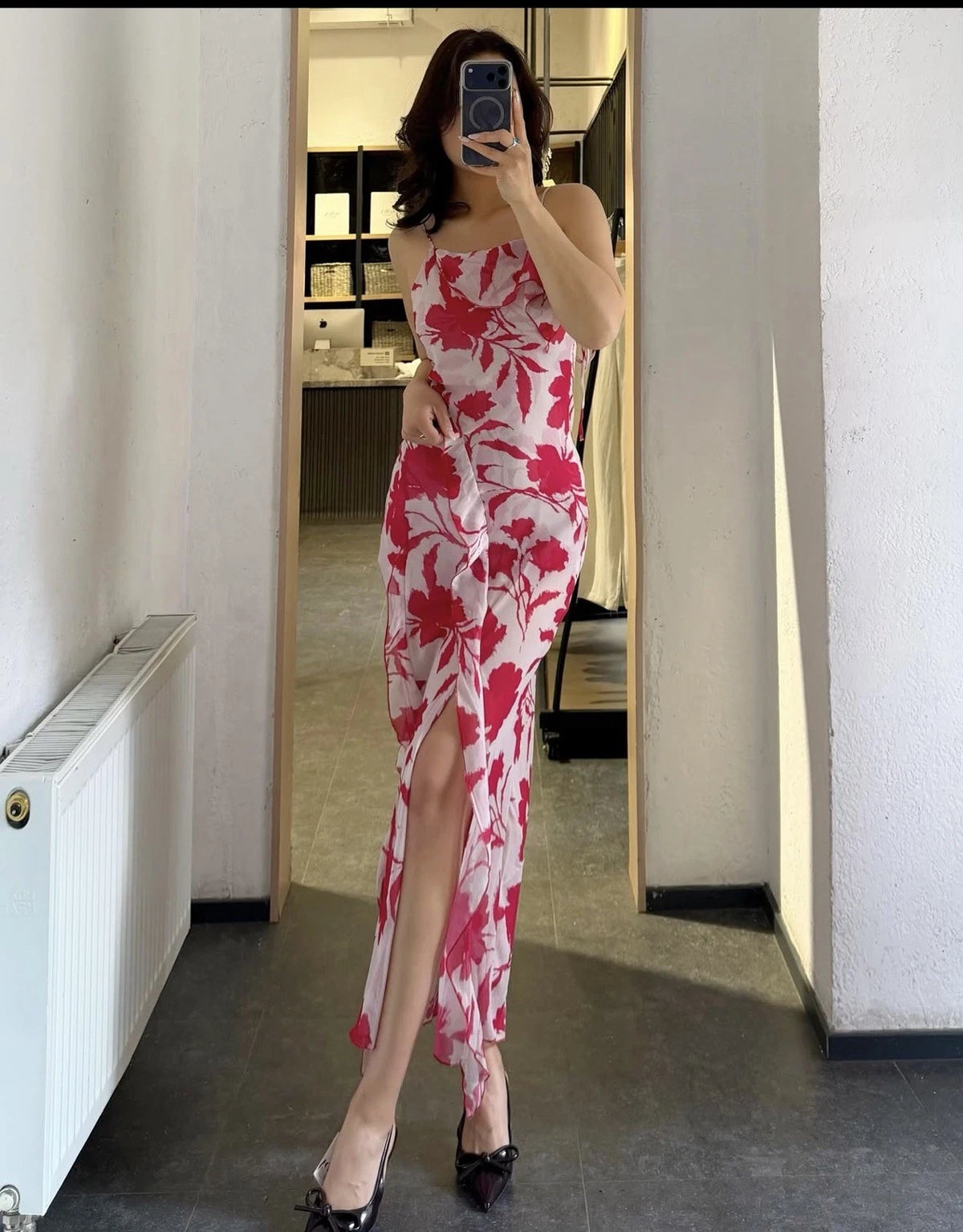 ZARA White Red Floral Chiffon Maxi Dress Square Neck Ruffle Back Tie Size S