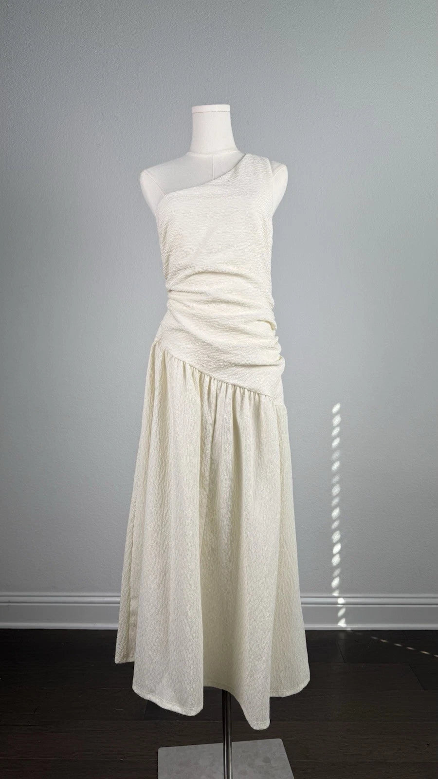 ZARA Cream One Shoulder Ruched Textured A-Line Midi Dress Size S/M NWT