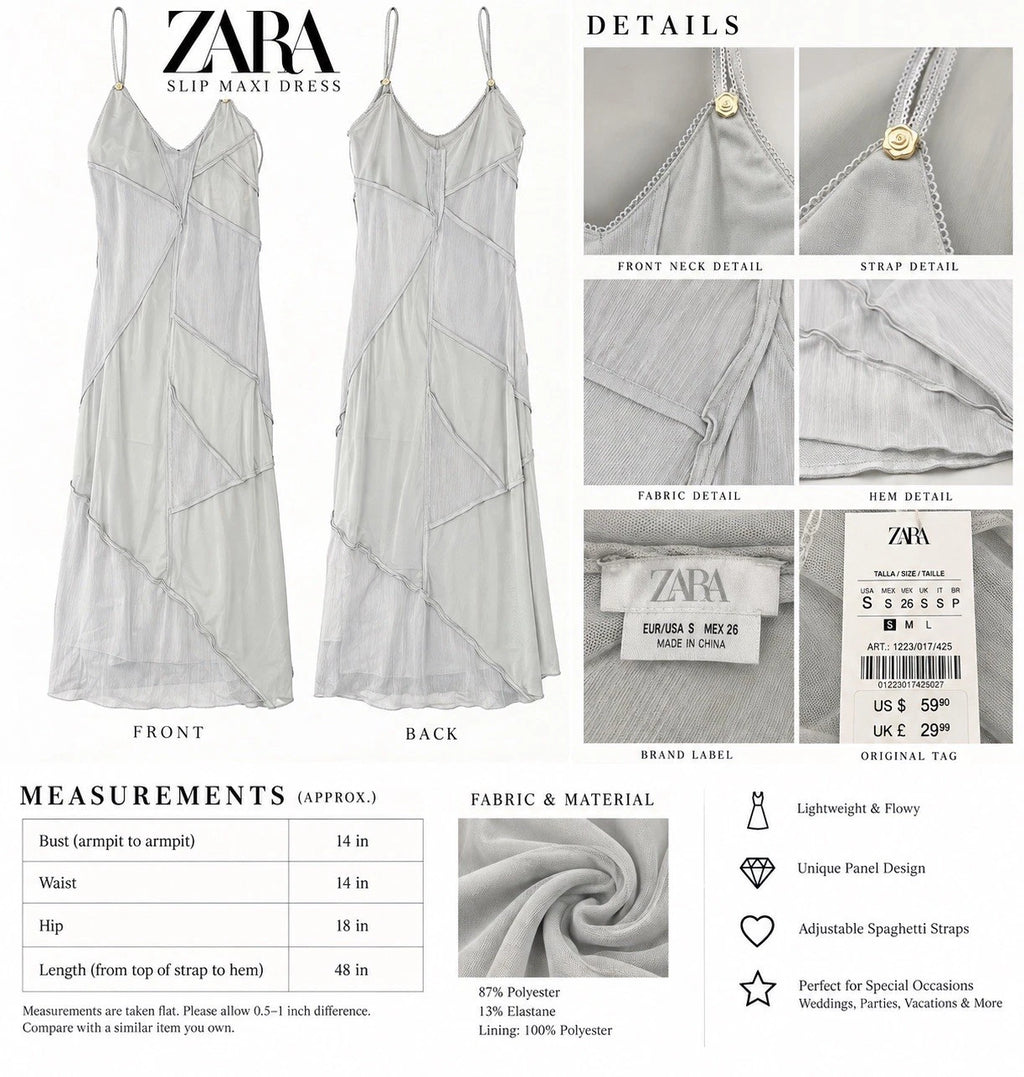 ZARA Gray Satin V-Neck Slip Maxi Dress Spaghetti Straps Size S 1223/017/425