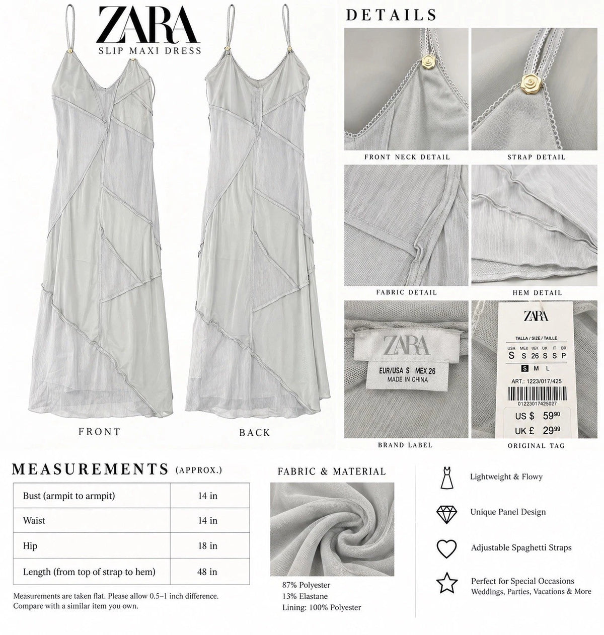 ZARA Gray Satin V-Neck Slip Maxi Dress Spaghetti Straps Size S 1223/017/425