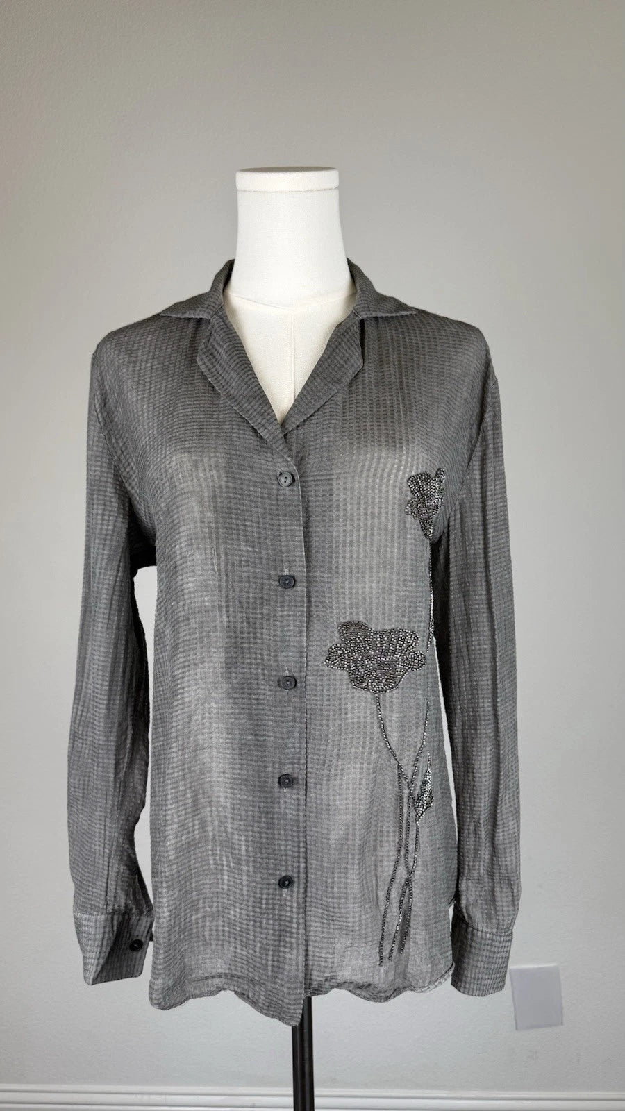 ZARA Women’s Size S Gray Check Collared Button-Up Blouse Beaded 4786/050/802