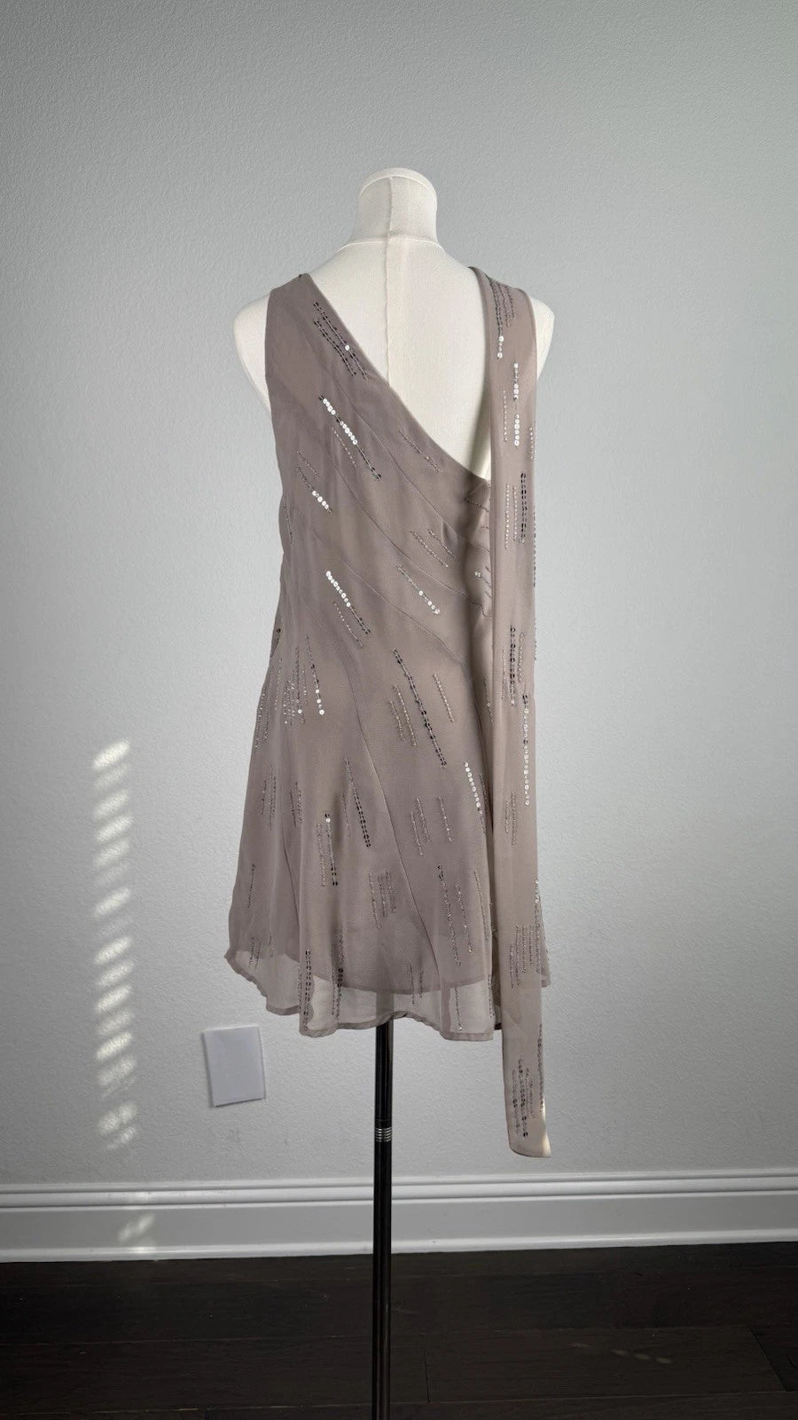 ZARA Sequin Chiffon One Shoulder Scarf Neck Dress Taupe Size M NWT