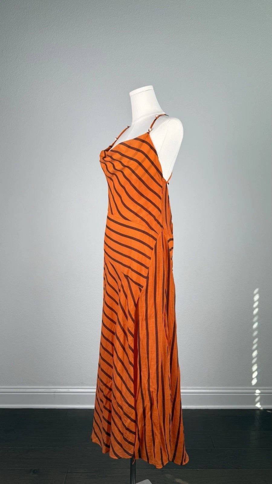 Women’s Orange Black Striped Cowl Neck Backless Maxi Dress Side Slit Size M