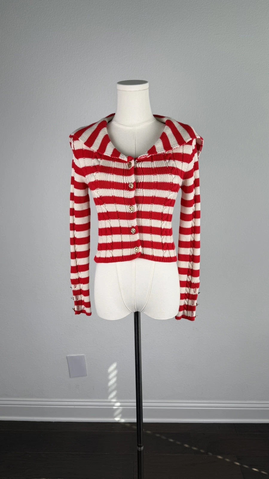 ZARA Women's Red Cream Striped Knit Cardigan XS Wide Collar Button Front NWOT