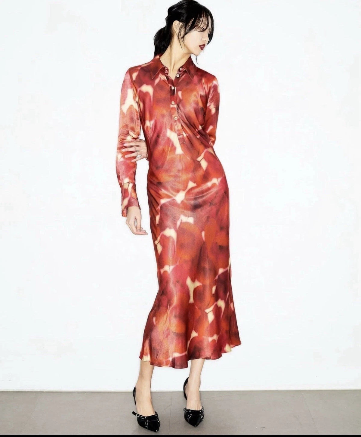 ZARA ZW Collection Red Printed Satin Midi Shirt Dress Size M NWT