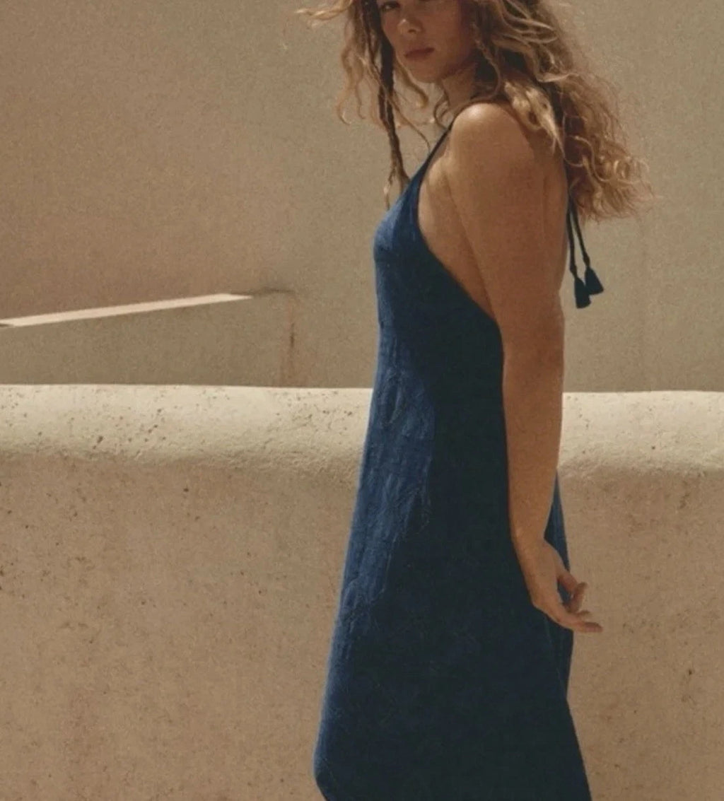 ZARA Blue Beaded Halter Maxi Dress XS Open Back Boho Embroidered Tassel