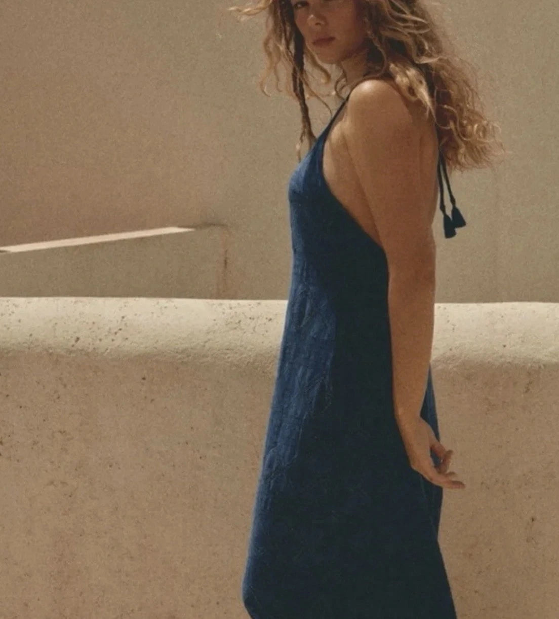 ZARA Blue Beaded Halter Maxi Dress XS Open Back Boho Embroidered Tassel