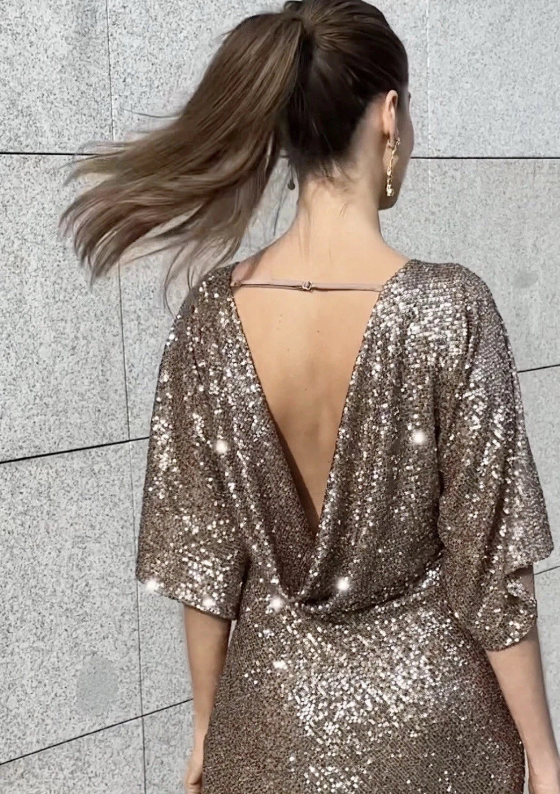 ZARA Women’s Gold Sequin Lined Open Back Mini Shift Dress 3/4 Sleeve Size L
