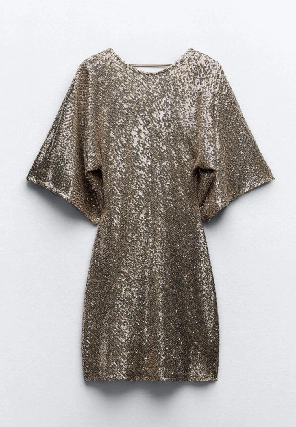 ZARA Women’s Gold Sequin Lined Open Back Mini Shift Dress 3/4 Sleeve Size L