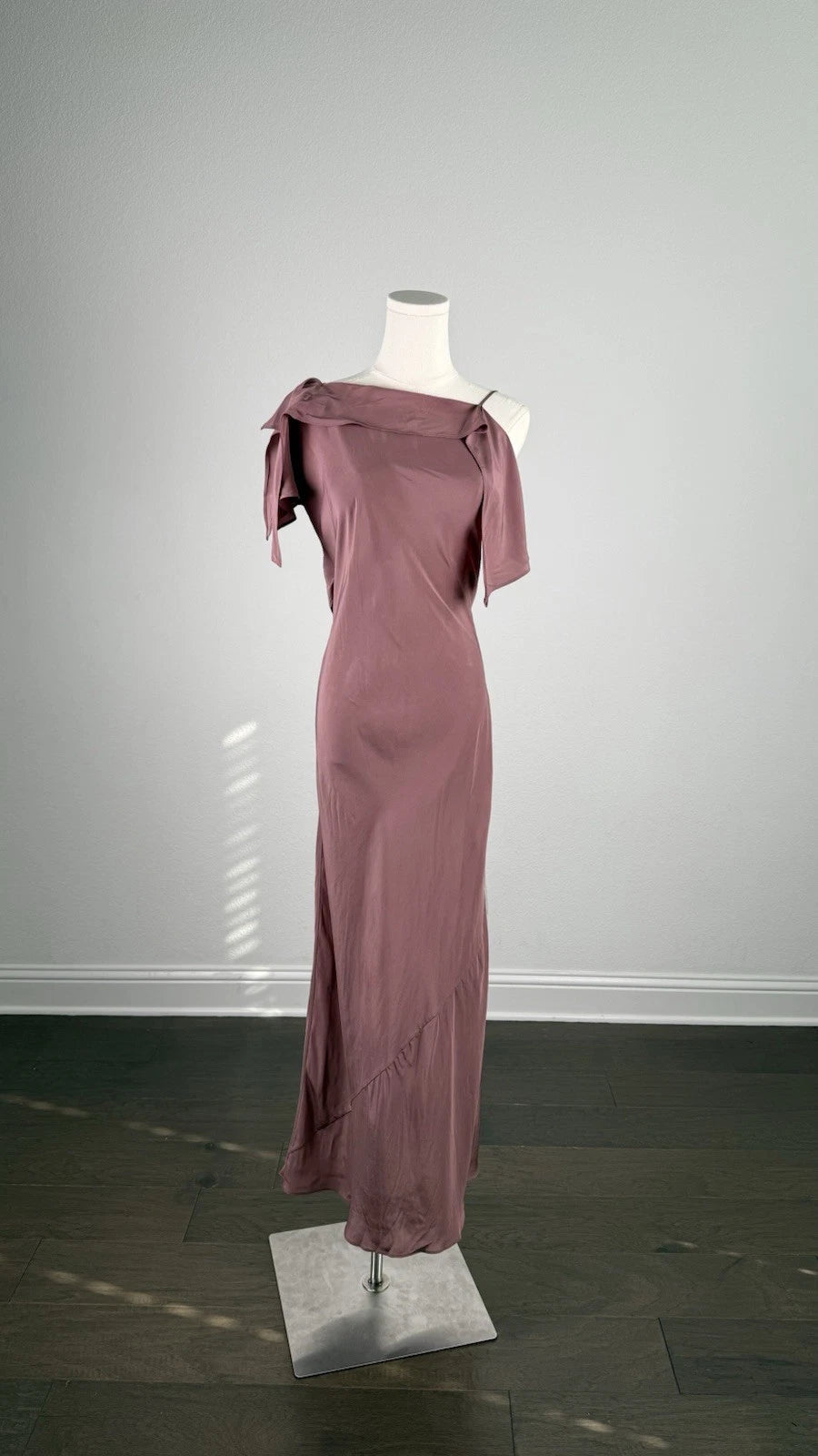 ZARA Women’s Mauve One-Shoulder Ruffle Satin Maxi Dress Open Back Size S&M
