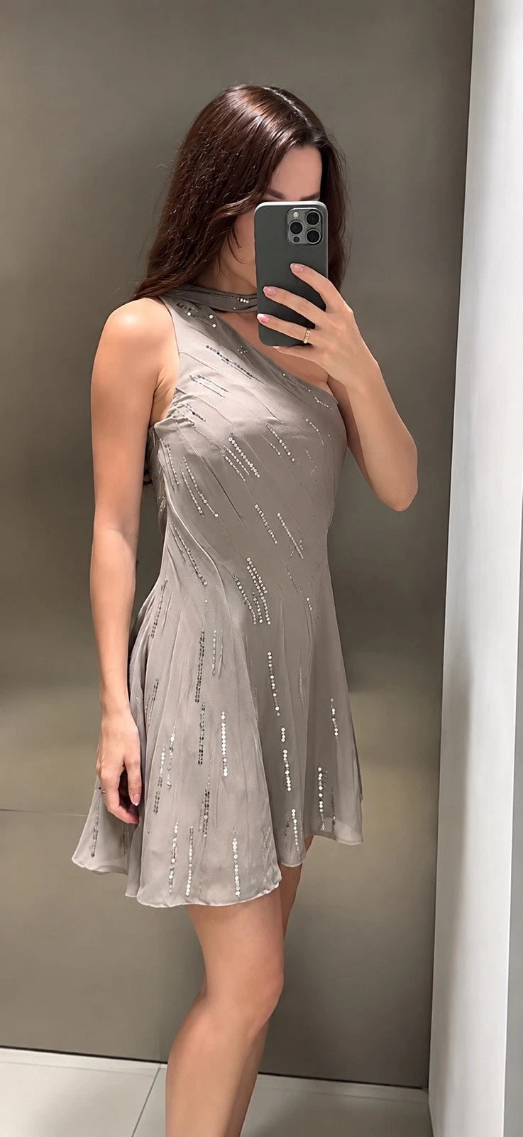 ZARA Sequin Chiffon One Shoulder Scarf Neck Dress Taupe Size M NWT