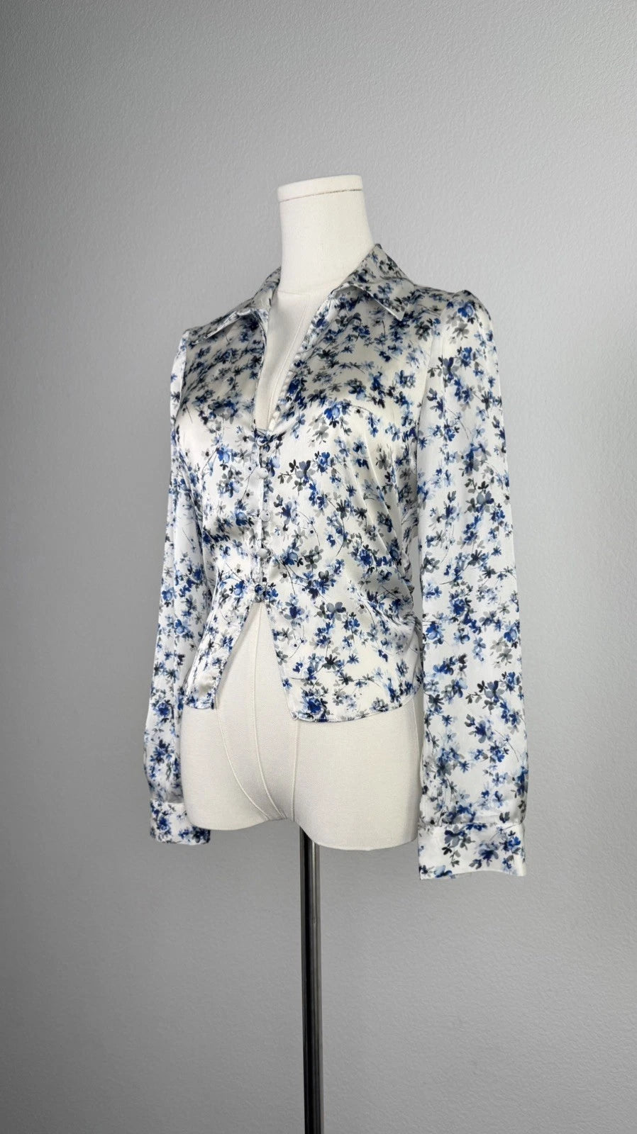 ZARA Blue White Floral Satin Fitted Shirt Blouse Size S 2580/126