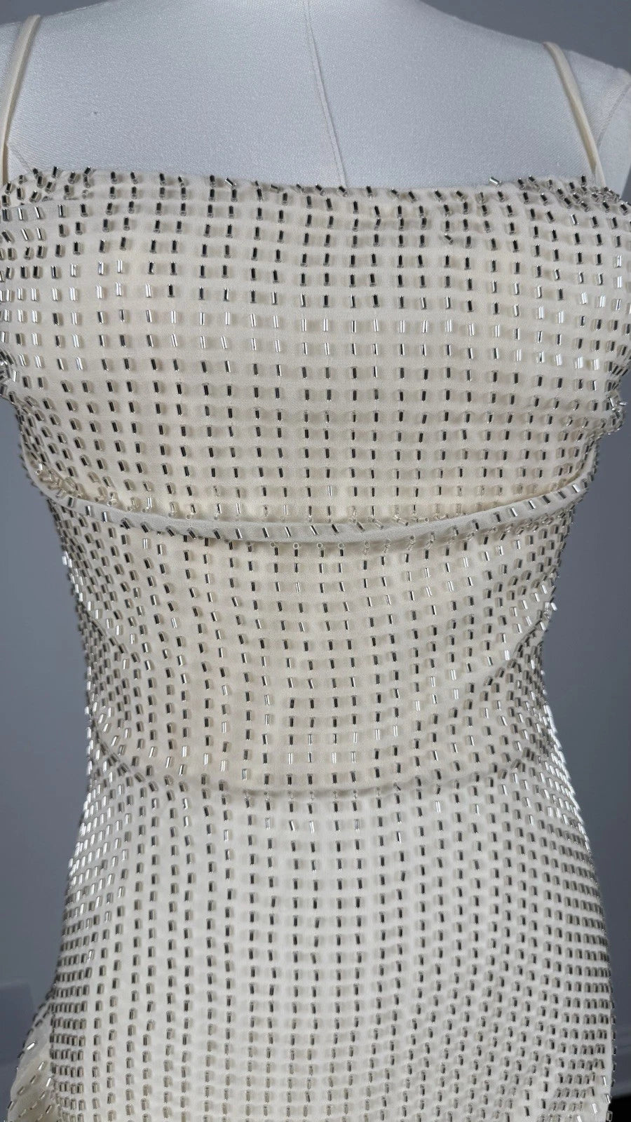 ZARA Beige Satin Beaded Lined Square Neck Adjustable Strap Mini Dress Size S