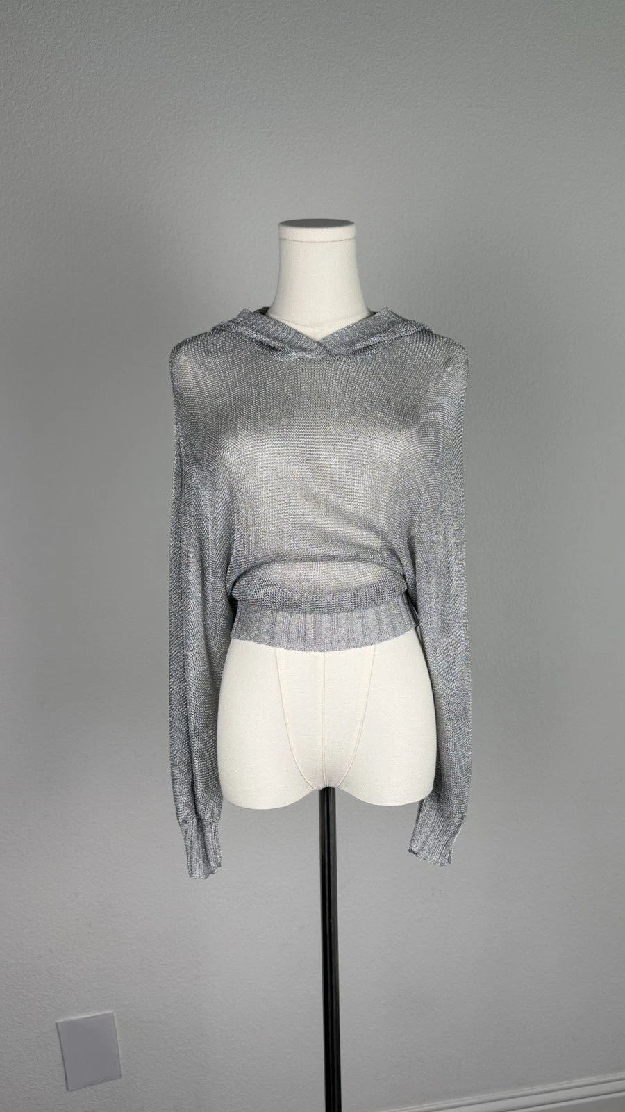 ZARA Metallic Silver Open Knit Cropped Hoodie Sweater Size S