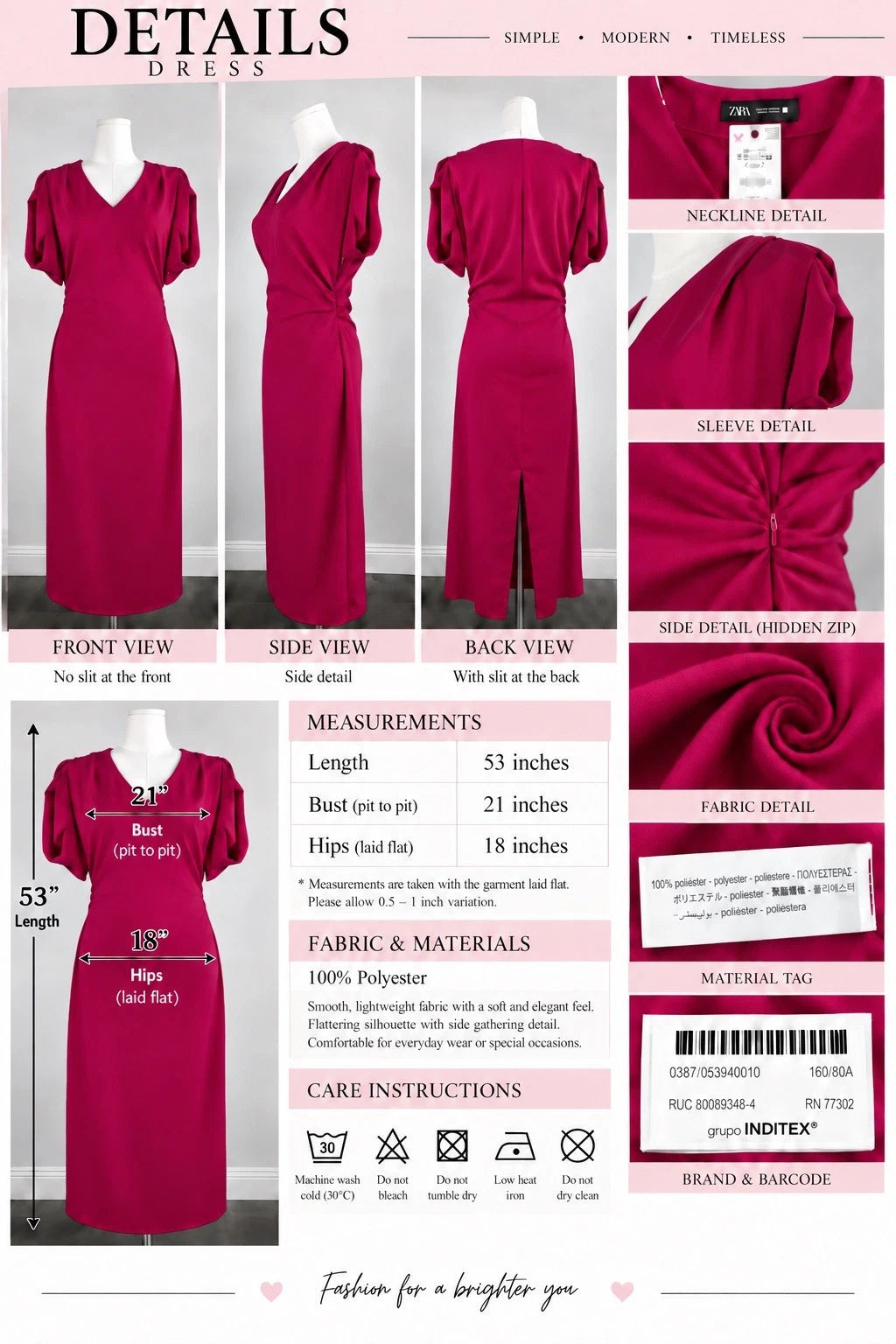 ZARA Pink V-Neck Puff Sleeve Sheath Long Dress XS Polyester 0387/053/940