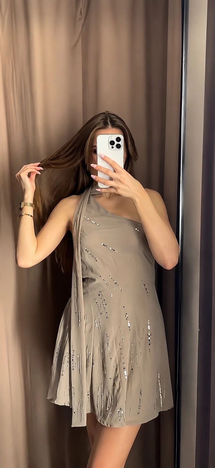 ZARA Sequin Chiffon One Shoulder Scarf Neck Dress Taupe Size M NWT