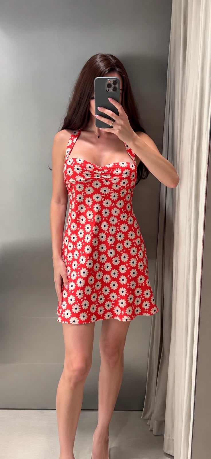 ZARA Red/White Floral Halter Sweetheart Ruched Mini Dress Pockets Size M