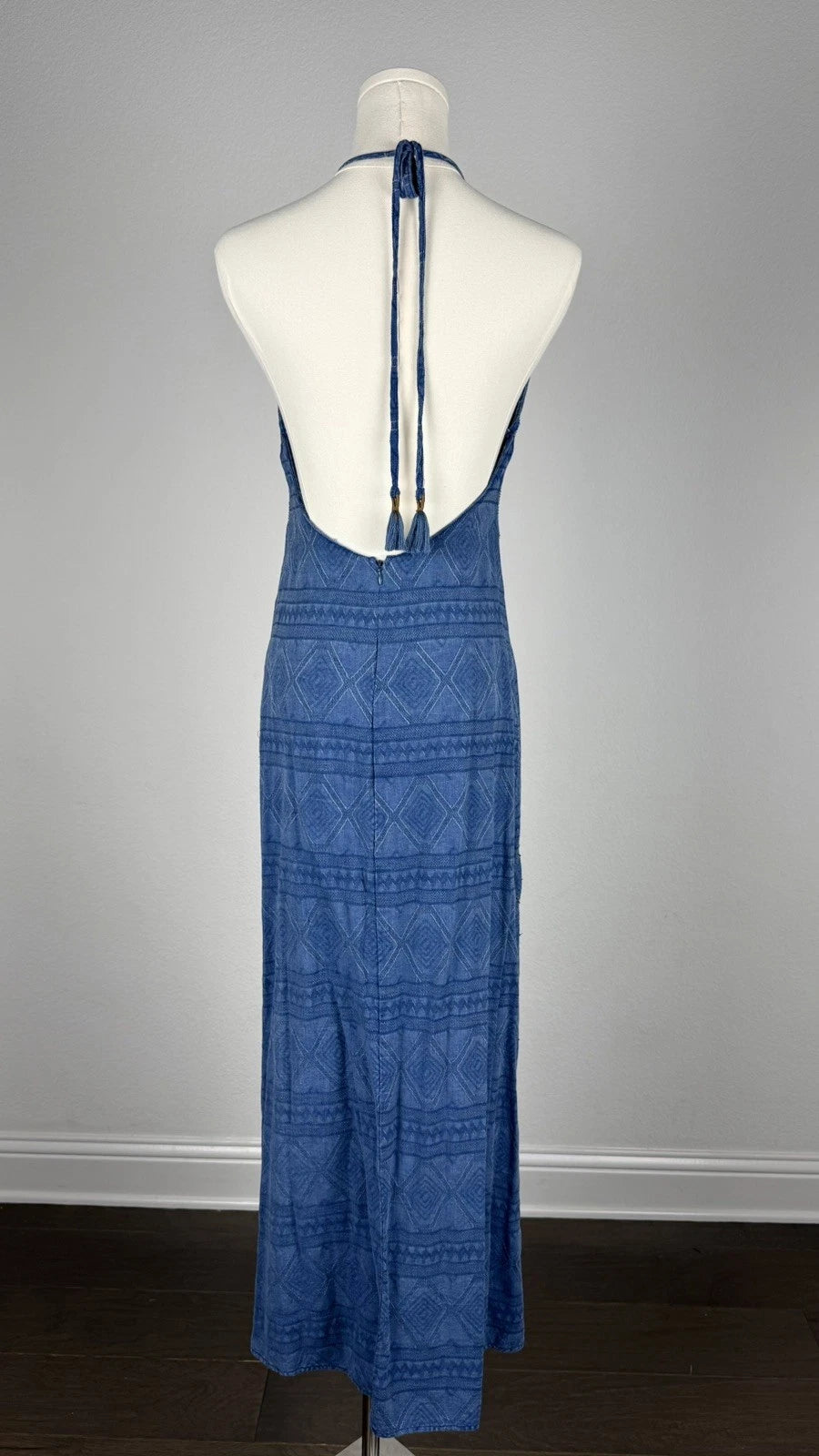 ZARA Blue Beaded Halter Maxi Dress XS Open Back Boho Embroidered Tassel