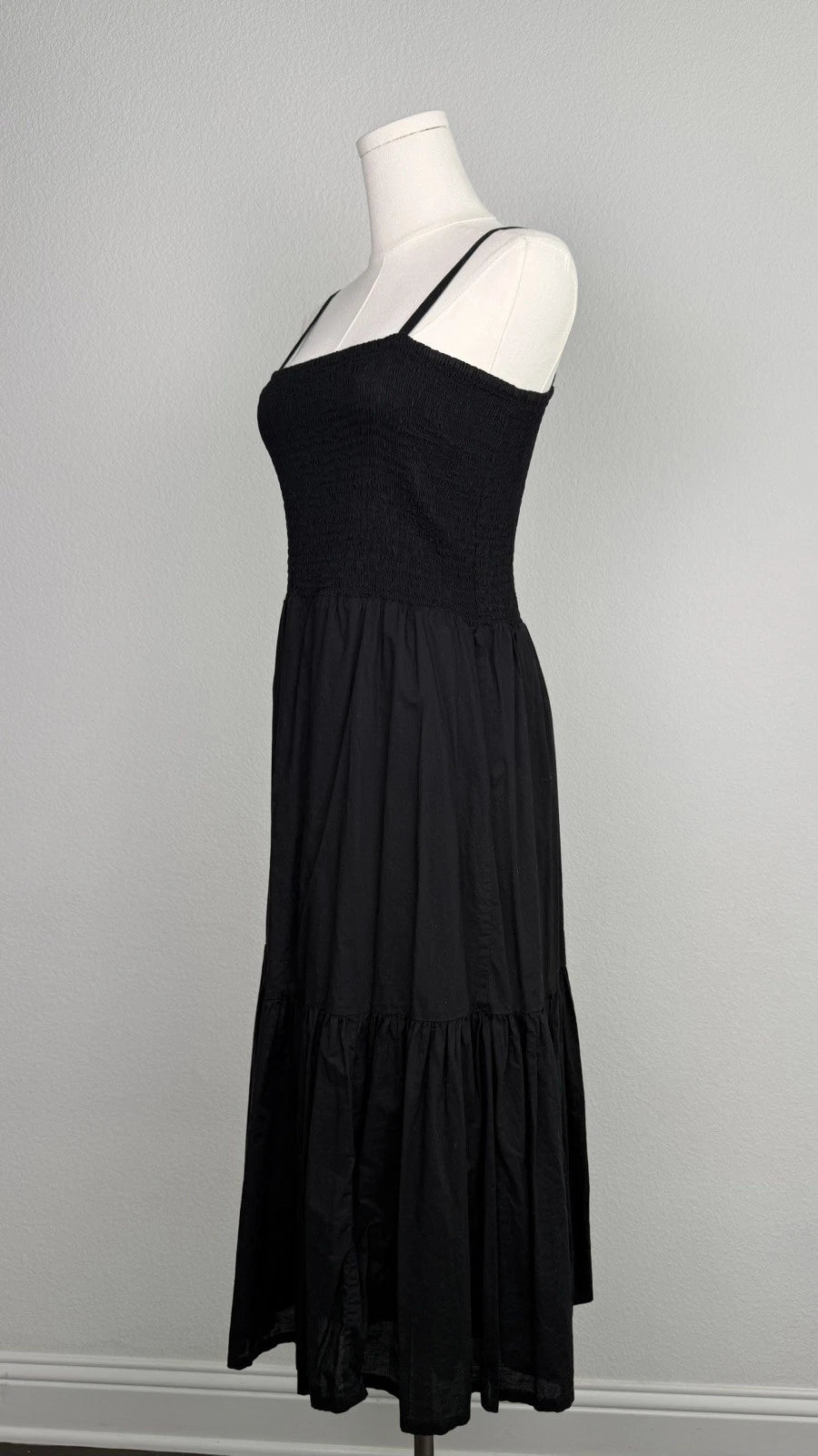 J.Crew Black Smocked Tiered Midi Dress Size M Spaghetti Strap AY145
