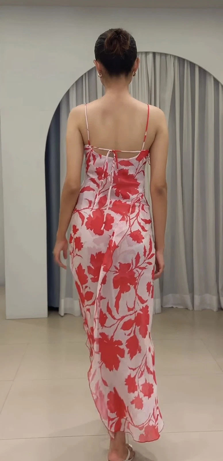 ZARA White Red Floral Chiffon Maxi Dress Square Neck Ruffle Back Tie Size S