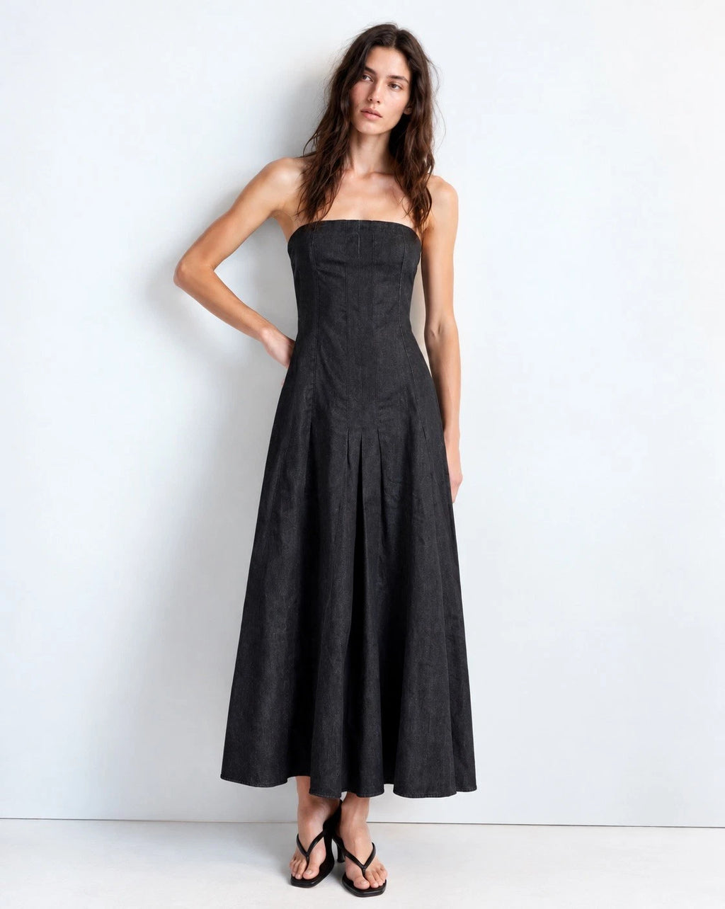 ZARA Black Strapless Denim Pleated A-Line Midi Dress Size S 6929/387/800