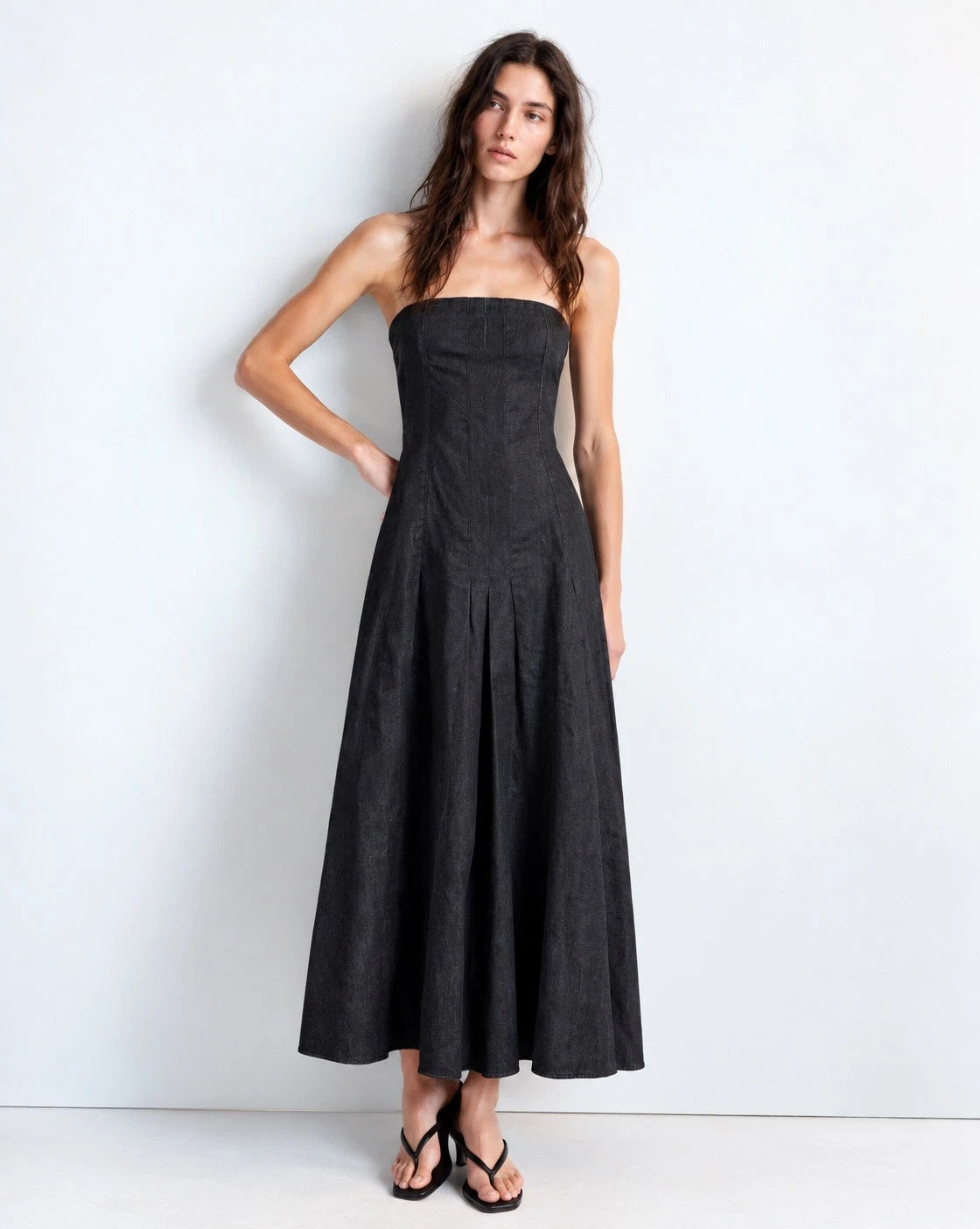 ZARA Black Strapless Denim Pleated A-Line Midi Dress Size S 6929/387/800