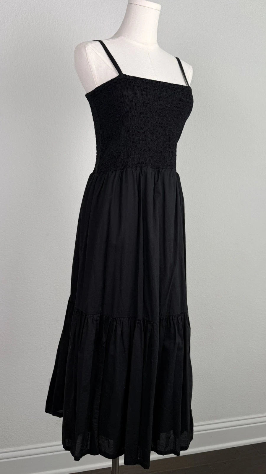 J.Crew Black Smocked Tiered Midi Dress Size M Spaghetti Strap AY145