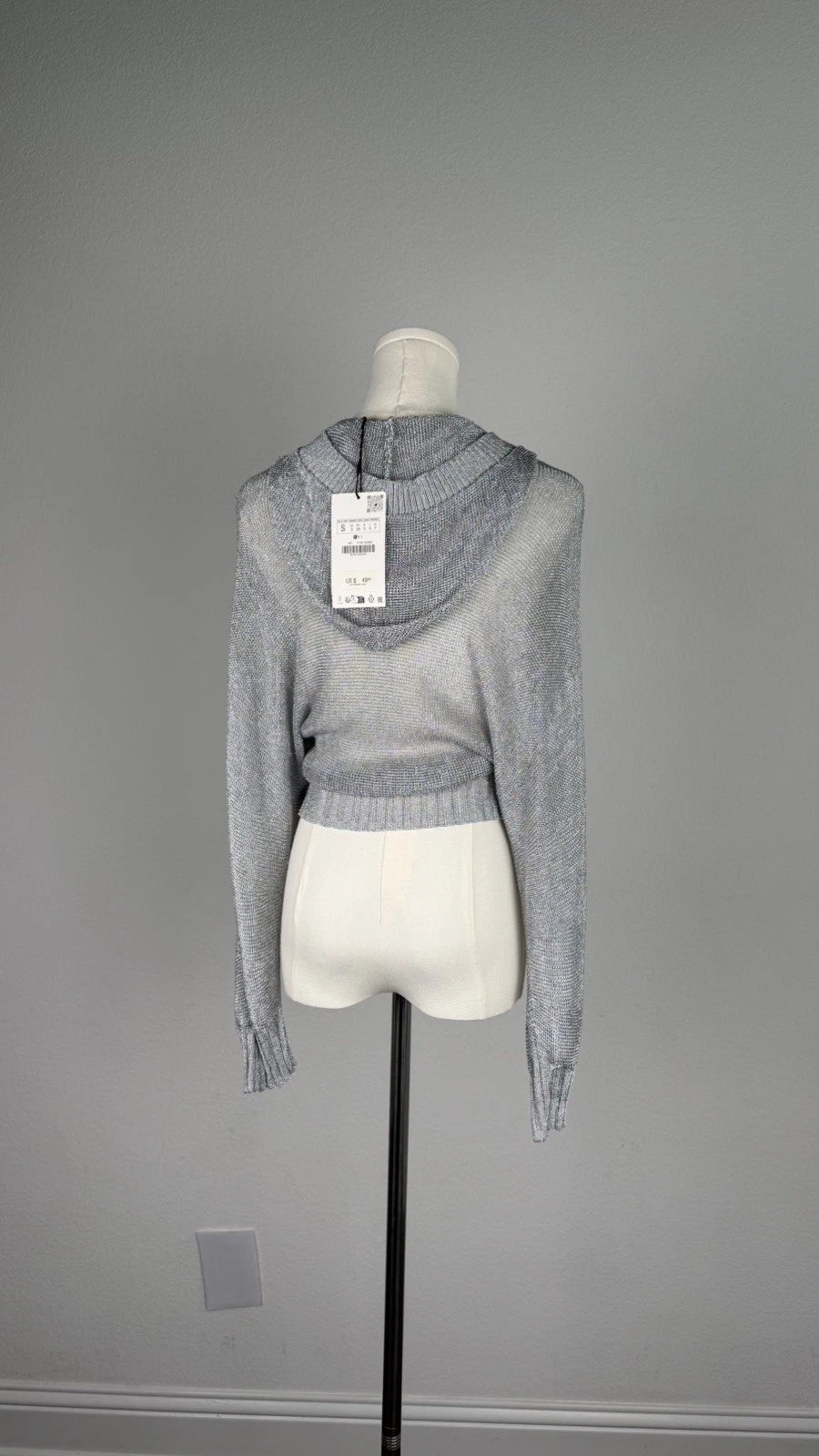 ZARA Metallic Silver Open Knit Cropped Hoodie Sweater Size S