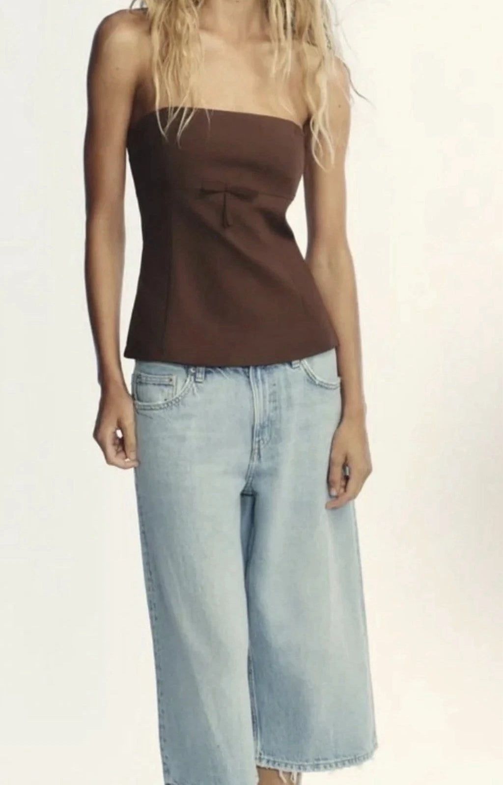 ZARA Women’s Brown Strapless Corset Bustier Top Size S NWT Bow Detail