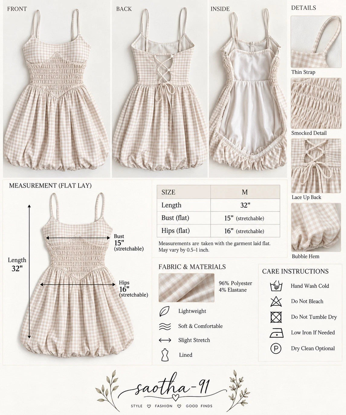ZARA Beige Gingham Smocked Bubble Hem Mini Dress Lace-Up Back Size M