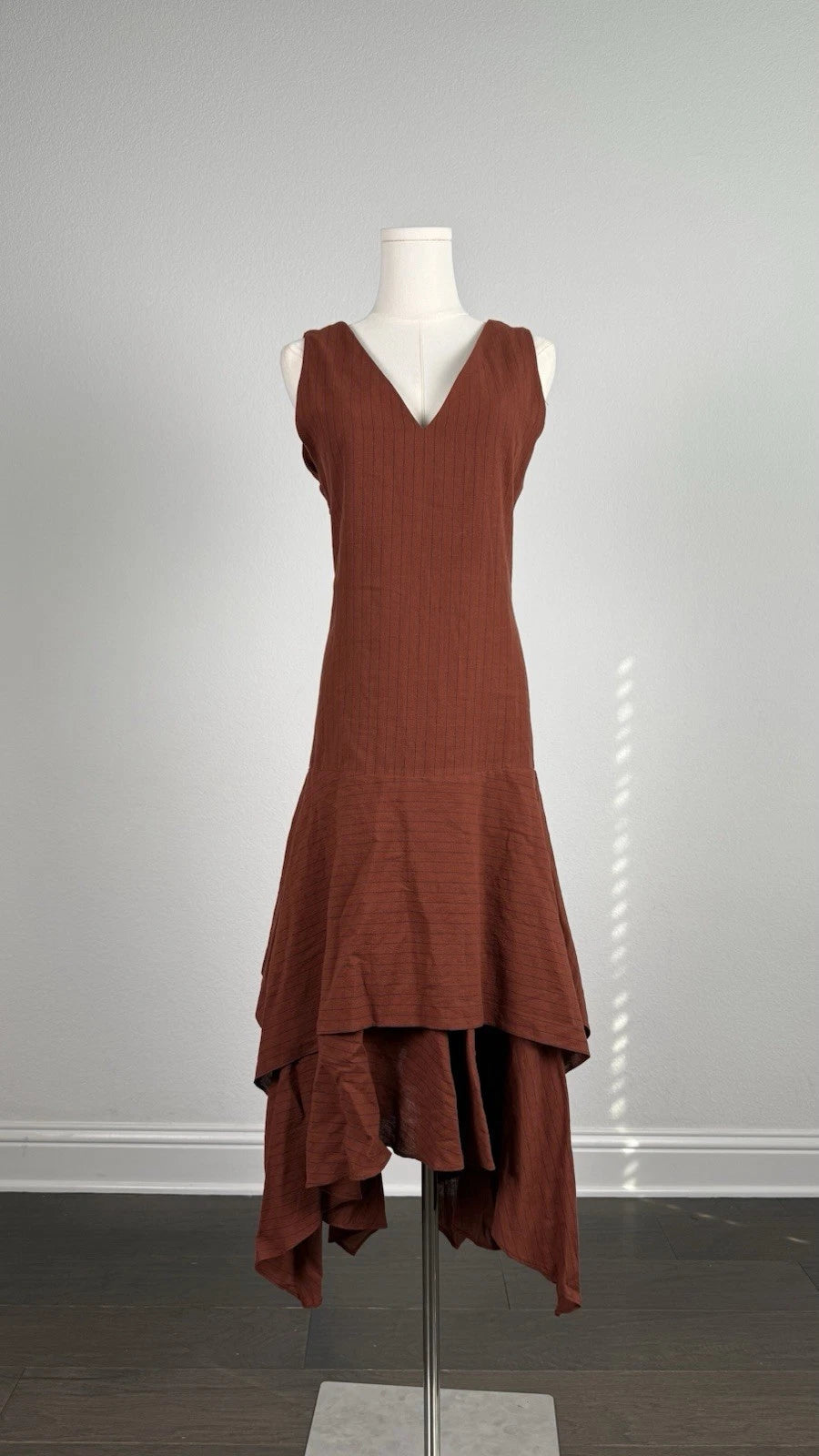 ZARA Brown Striped V-Neck Sleeveless Layered Hem Midi Dress Viscose Size S