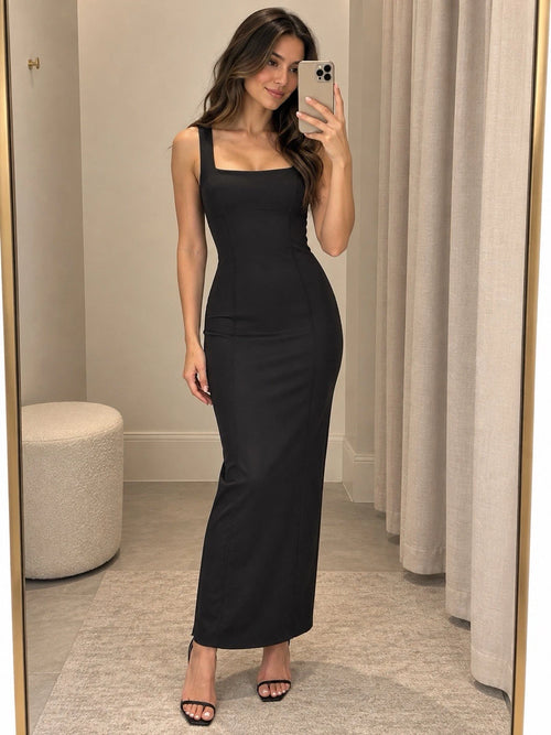ZARA Black Square Neck Stretch Sheath Maxi Dress Sleeveless Size S 1355/011/800