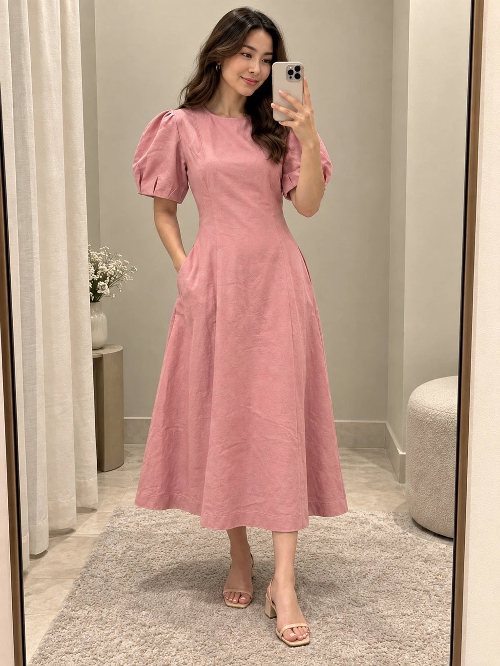 ZARA Pink Puff Sleeve Pleated A-Line Midi Dress Pockets Cotton Linen Size M