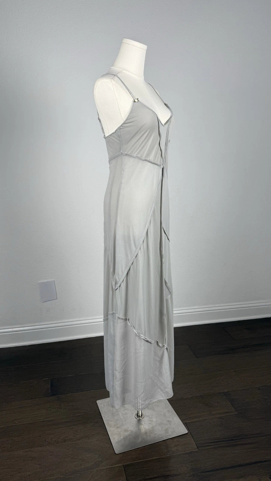 ZARA Gray Satin V-Neck Slip Maxi Dress Spaghetti Straps Size S 1223/017/425