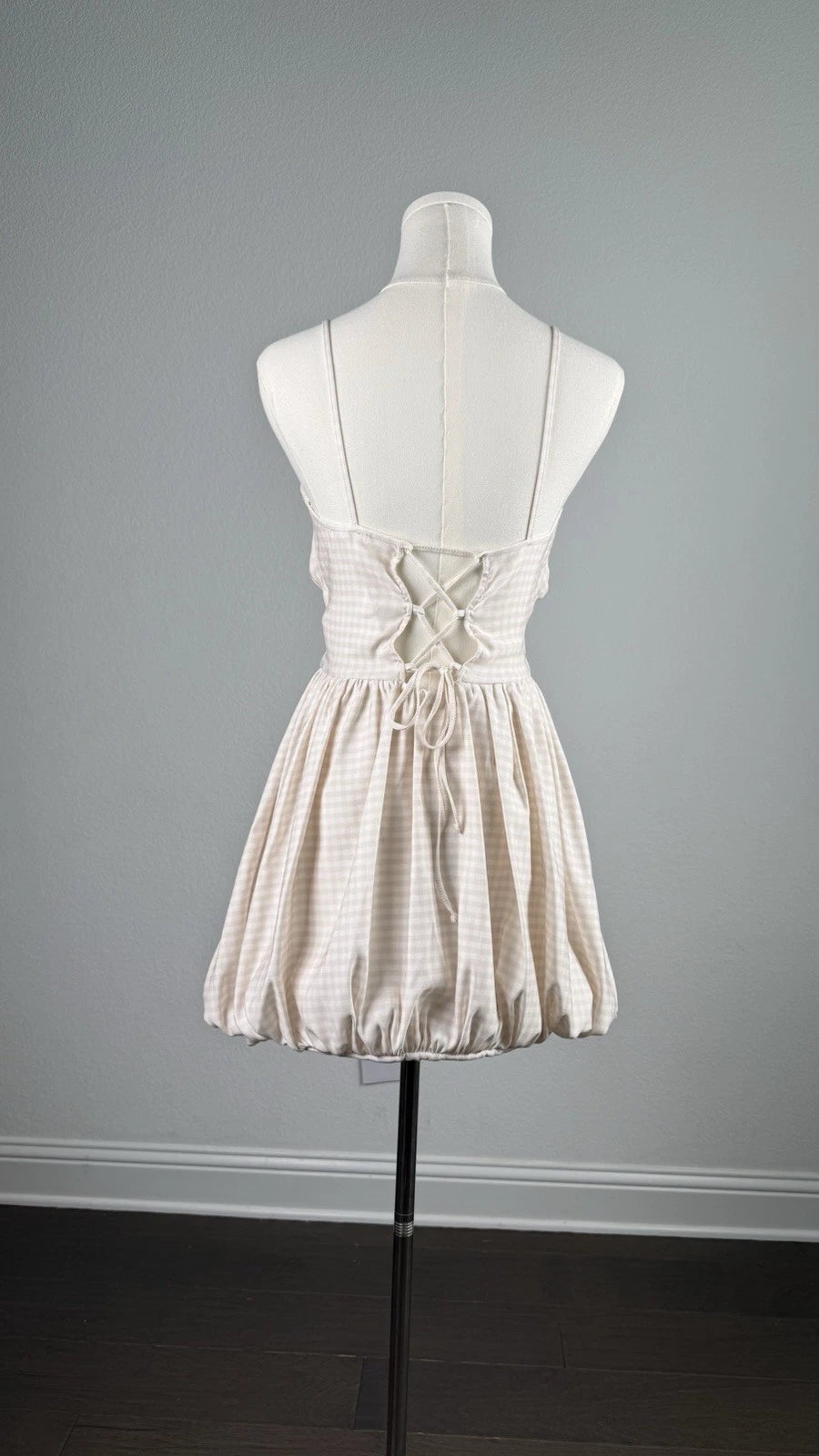 ZARA Beige Gingham Smocked Bubble Hem Mini Dress Lace-Up Back Size M