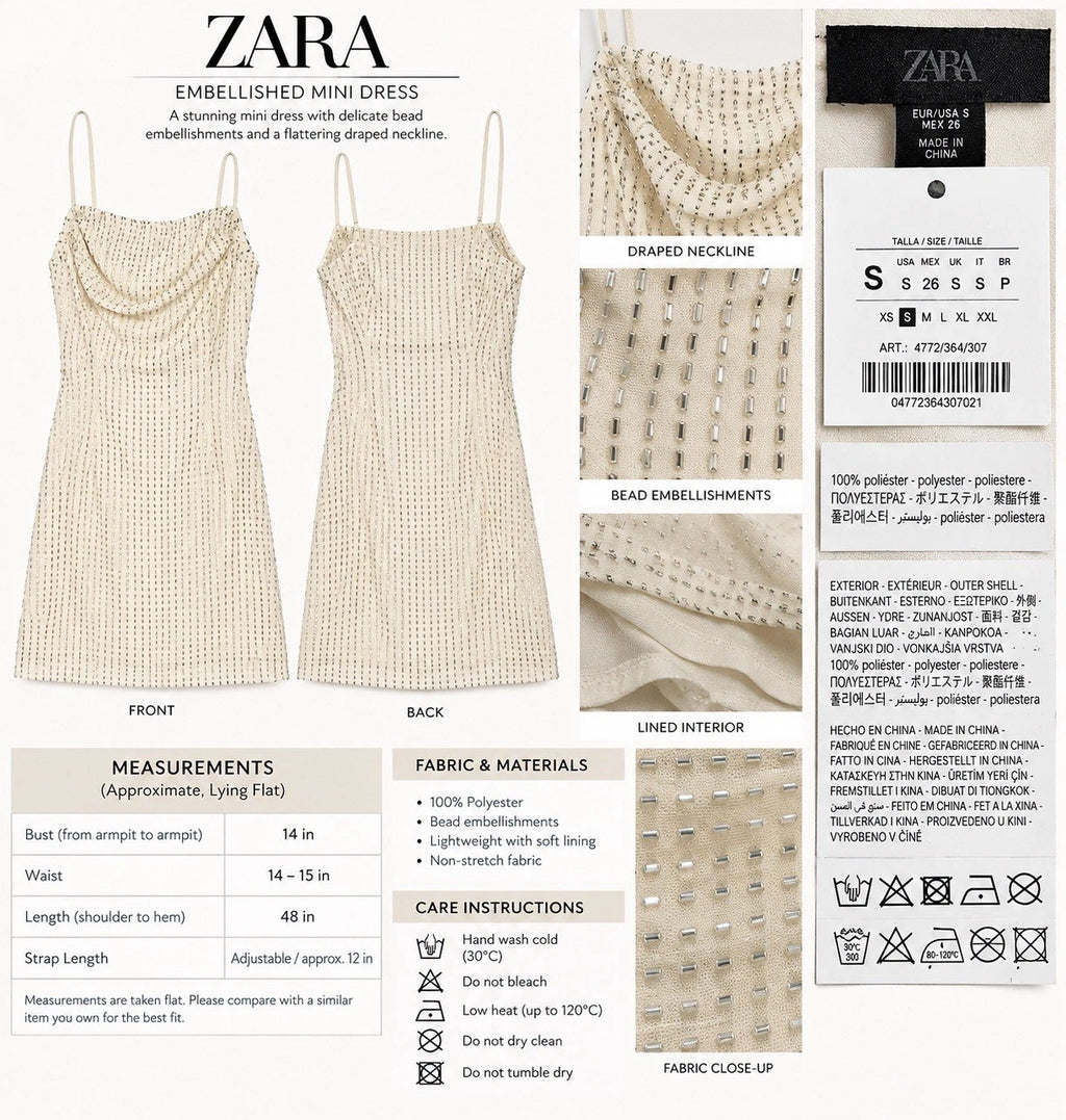 ZARA Beige Satin Beaded Lined Square Neck Adjustable Strap Mini Dress Size S