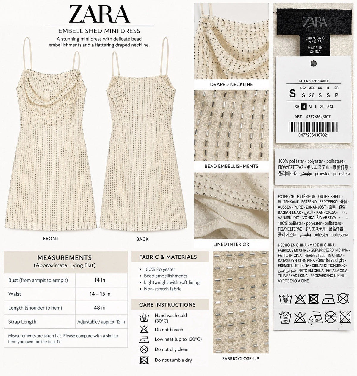 ZARA Beige Satin Beaded Lined Square Neck Adjustable Strap Mini Dress Size S
