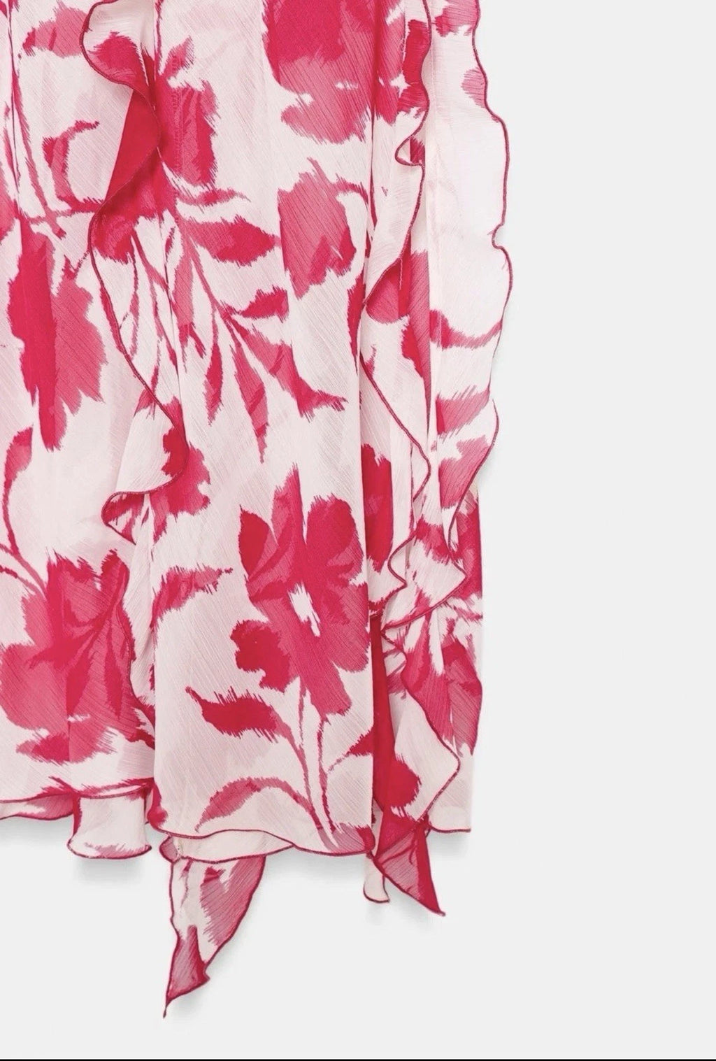 ZARA White Red Floral Chiffon Maxi Dress Square Neck Ruffle Back Tie Size S