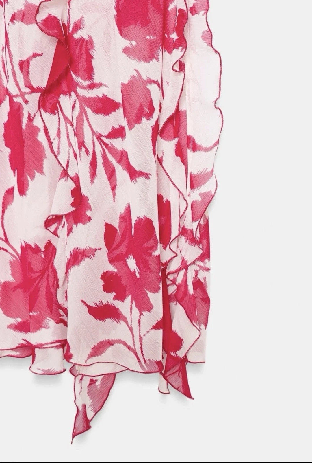 ZARA White Red Floral Chiffon Maxi Dress Square Neck Ruffle Back Tie Size S