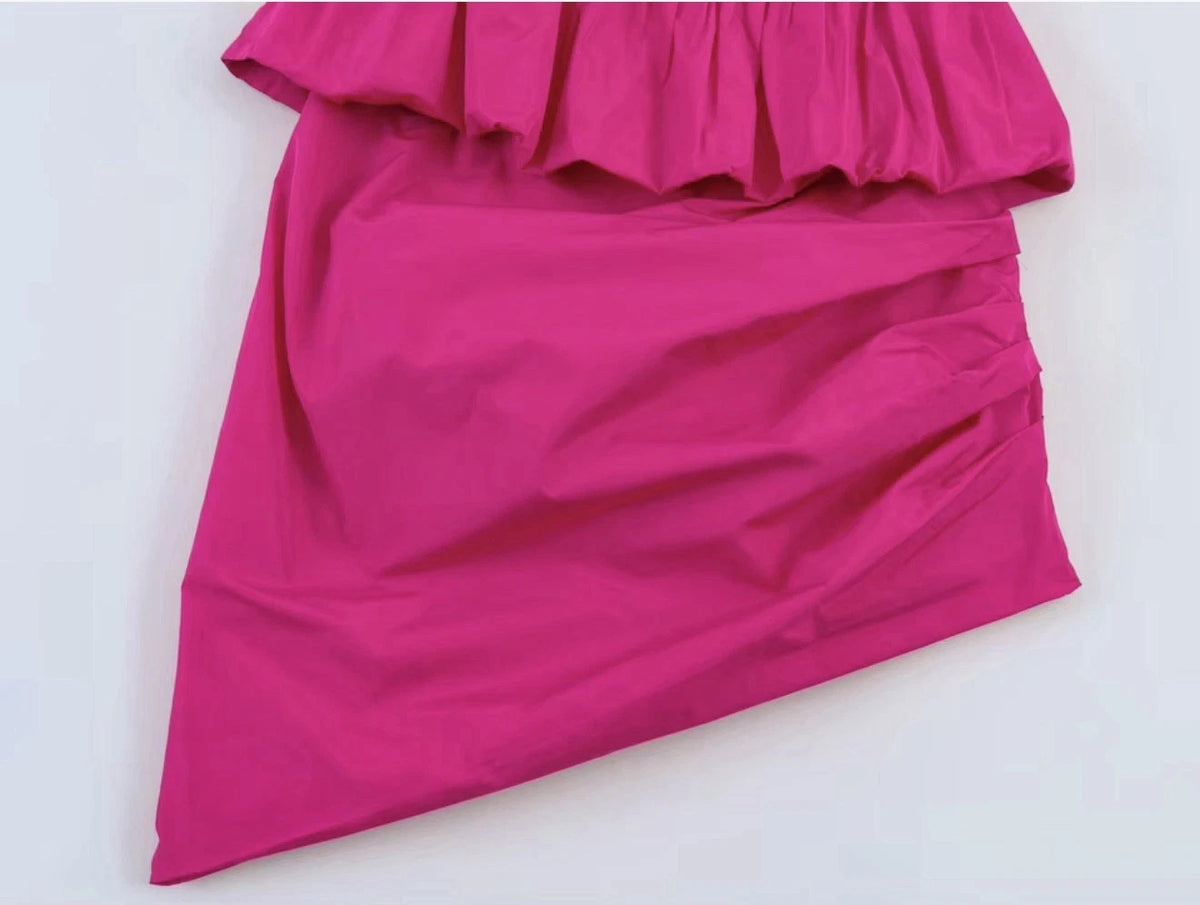 ZARA Women’s Pink Strapless Ruched Ruffle Asymmetric Bodycon Mini Dress Size S