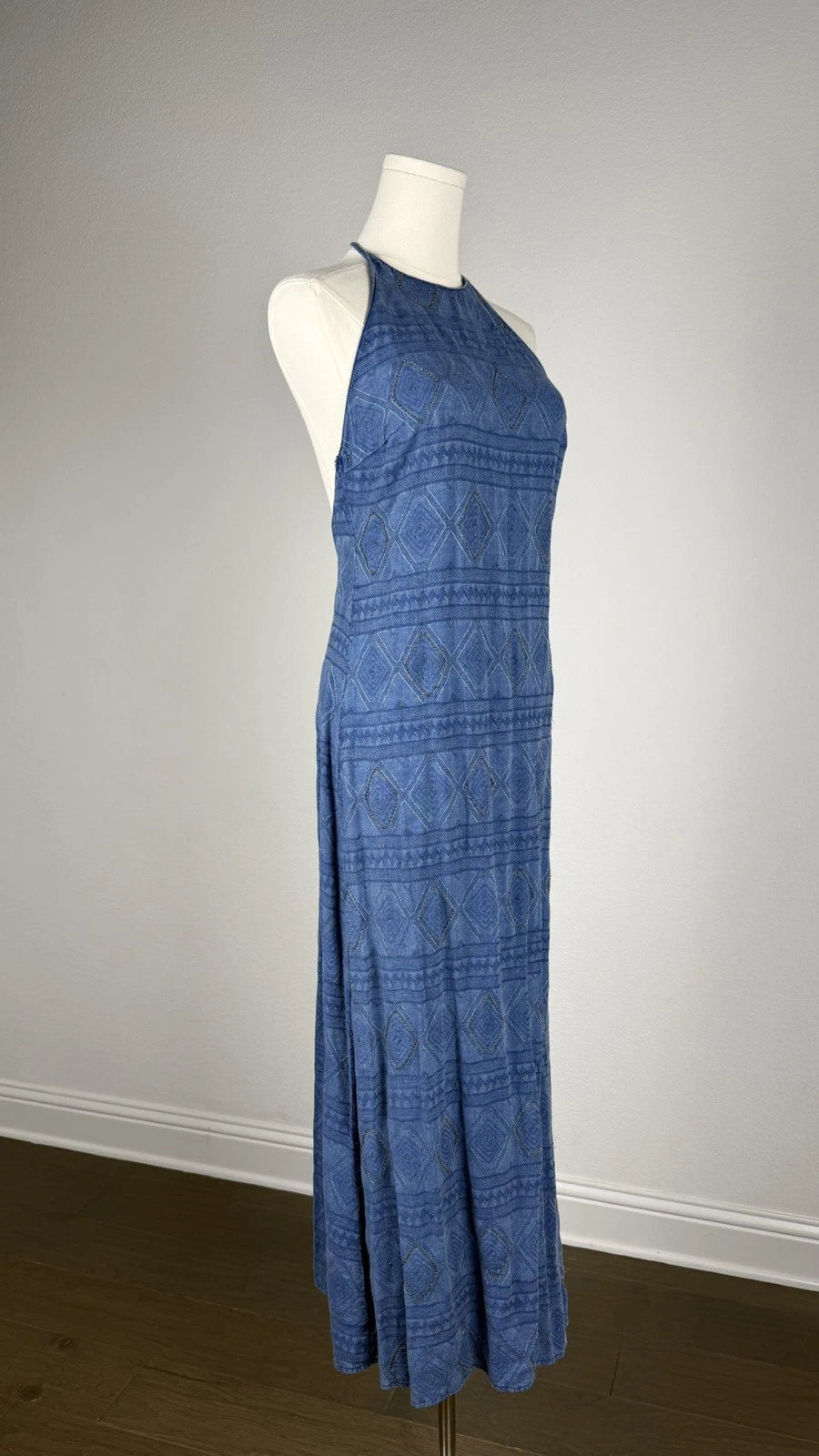ZARA Blue Beaded Halter Maxi Dress XS Open Back Boho Embroidered Tassel