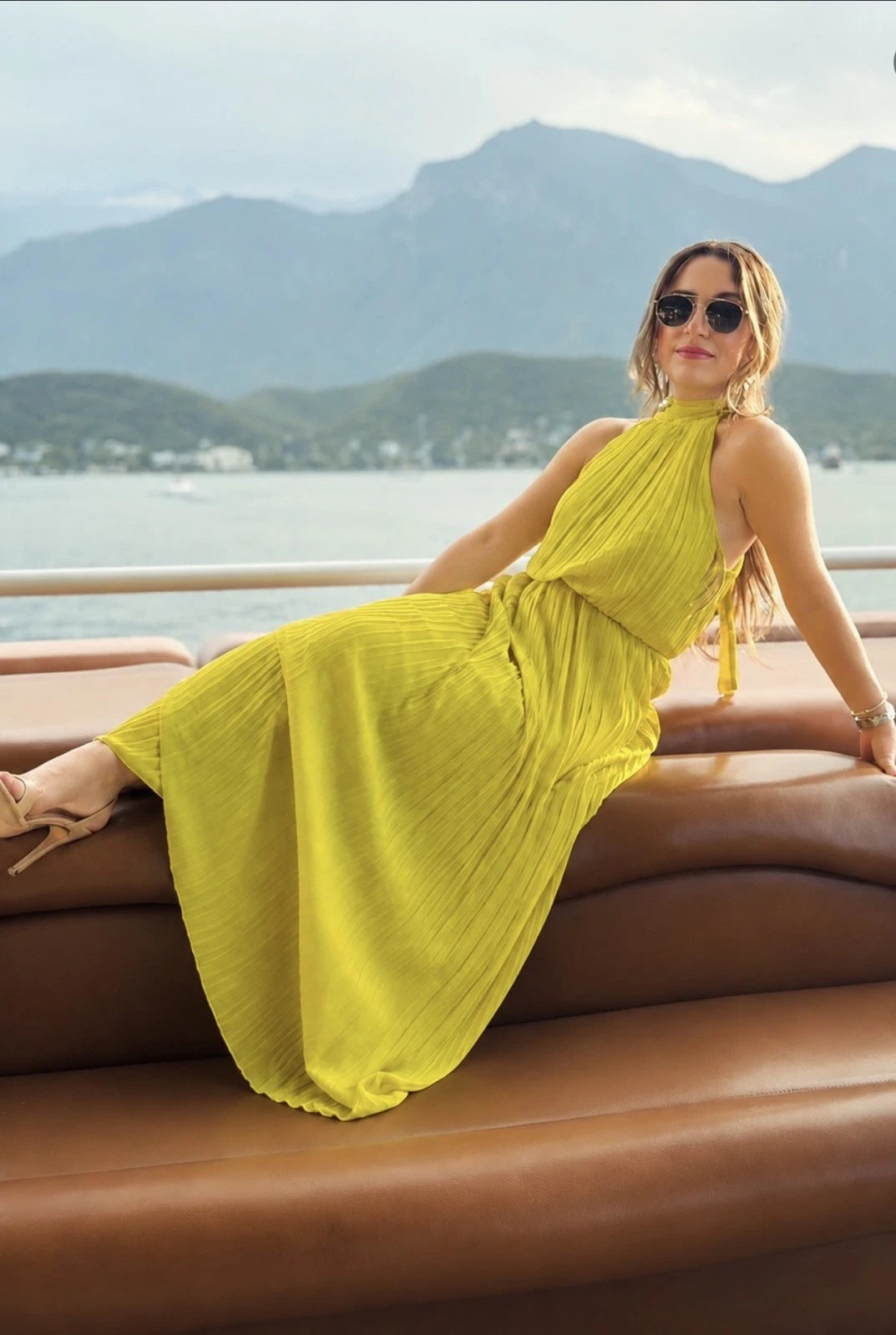 ZARA Yellow Pleated Halter Maxi Dress Bow Tie Chiffon Polyester Size S
