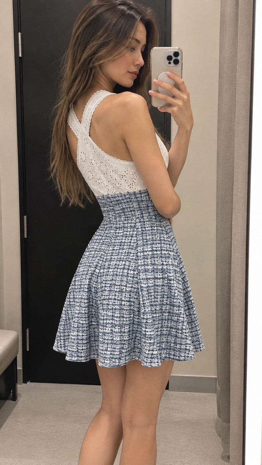 ZARA Blue/White Tweed V-Neck Sleeveless Lined Fit & Flare Mini Dress Size S
