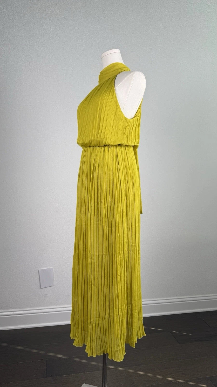 ZARA Yellow Pleated Halter Maxi Dress Bow Tie Chiffon Polyester Size S