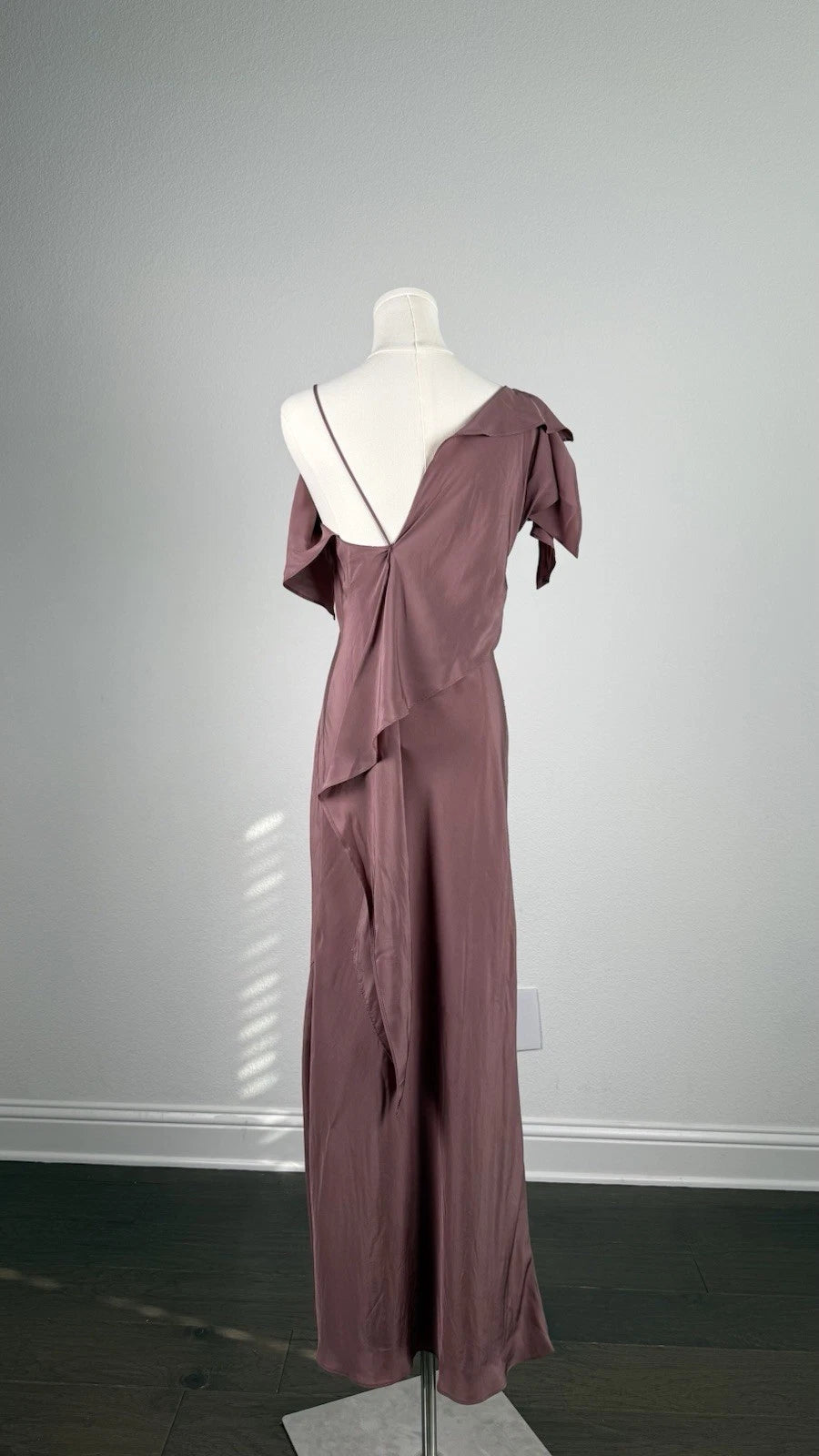 ZARA Women’s Mauve One-Shoulder Ruffle Satin Maxi Dress Open Back Size S&M
