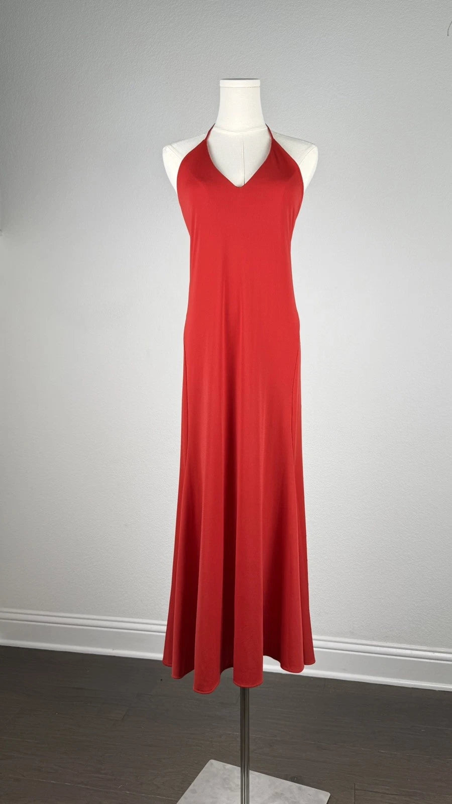 ZARA Red Halter Maxi Dress Size S Strappy Open Back V-Neck Long Dress