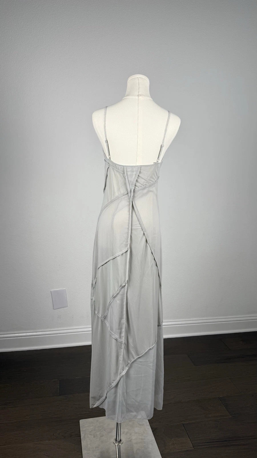 ZARA Gray Satin V-Neck Slip Maxi Dress Spaghetti Straps Size S 1223/017/425