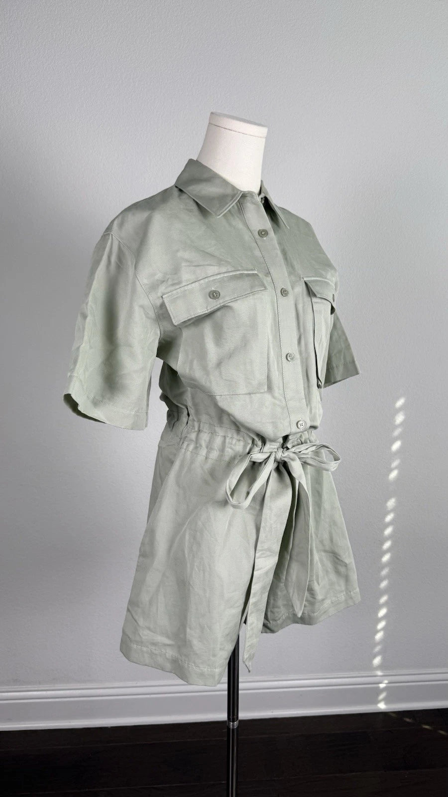 ZARA Women’s Green Solid Utility Romper Size S Collared Button Belted Pockets