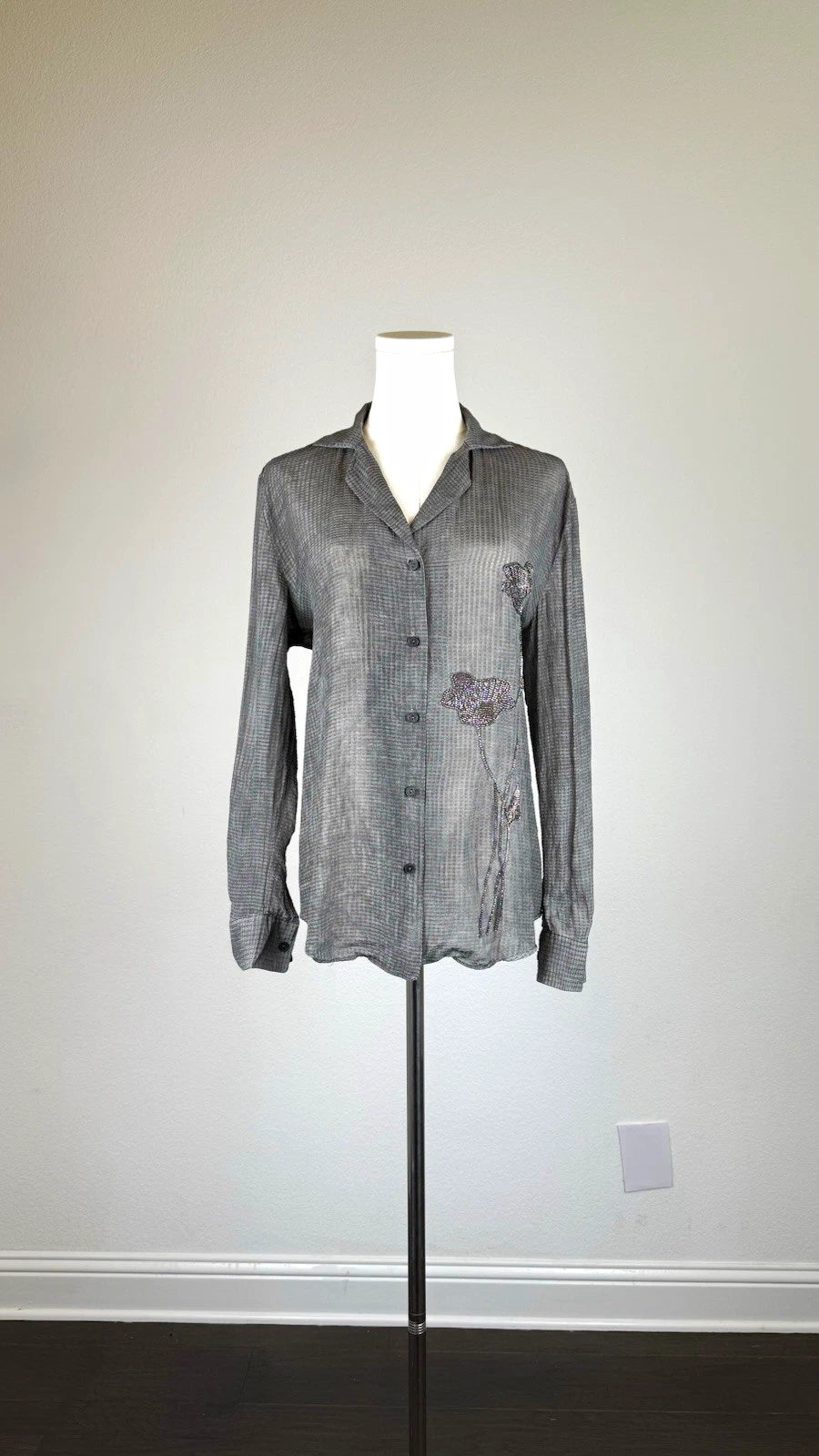 ZARA Women’s Size S Gray Check Collared Button-Up Blouse Beaded 4786/050/802
