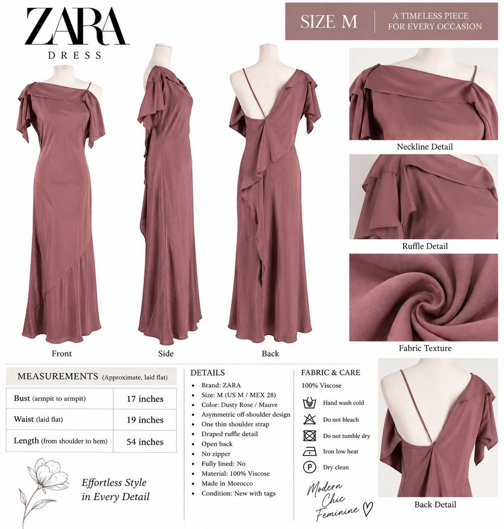 ZARA Women’s Mauve One-Shoulder Ruffle Satin Maxi Dress Open Back Size S&M